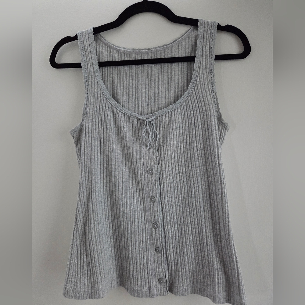 Aerie Gray Sleeveless Ribbed Top With Button Detail